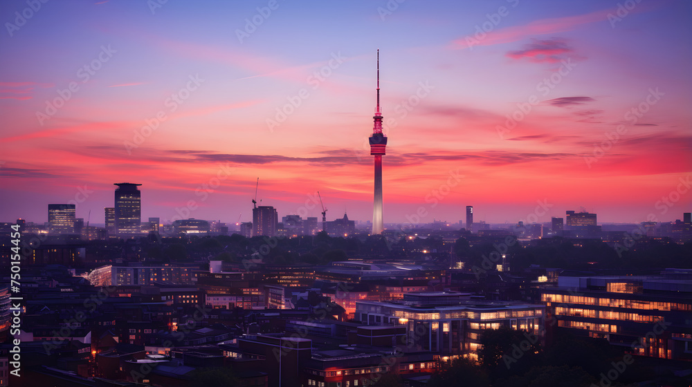 Enchanting Sunset View of BT Tower Dominating Metropolitan Skyline: A Dramatic Blend of Architecture and Nature