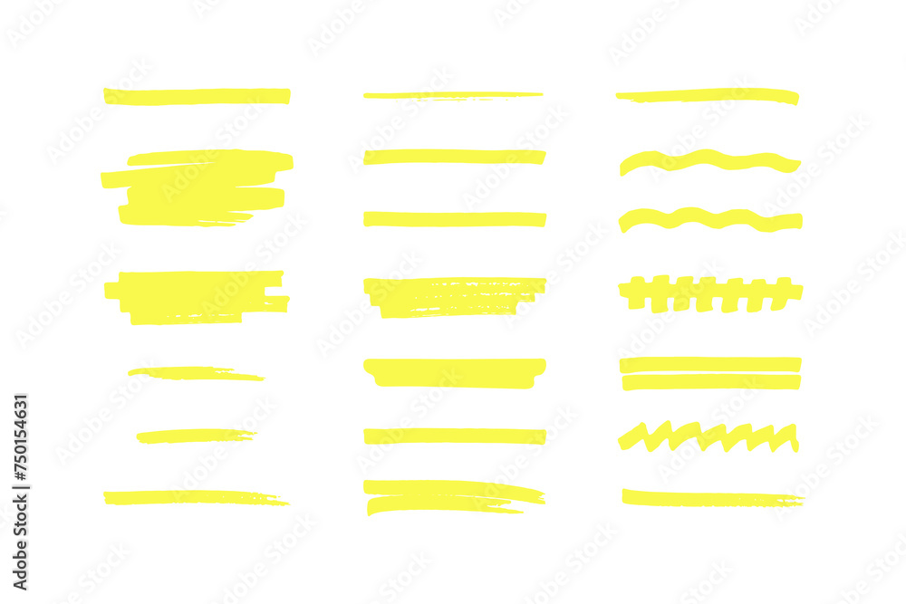 Hand drawn yellow brush lines. Marker strokes with texture. Underlines and highlighters set. Hand drawn yellow brush lines. Marker strokes with texture. Underlines and highlighters set.