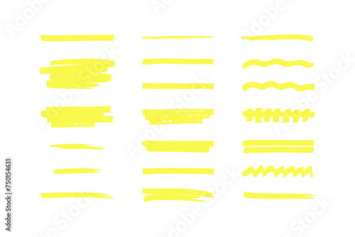 Hand drawn yellow brush lines. Marker strokes with texture. Underlines and highlighters set.