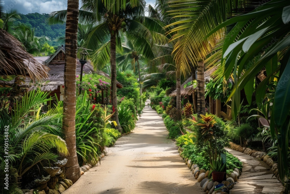 A path through a jungle with palm trees and a stone wall