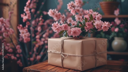 a present box sitting on top of a wooden table next to a bunch of pink flowers and a vase filled with pink flowers. photo