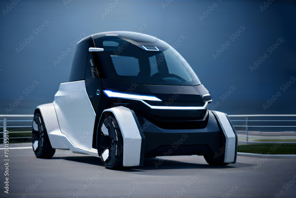 A miniature futuristic model of an electric car. Transportation. Perspective developments.  AI generative.