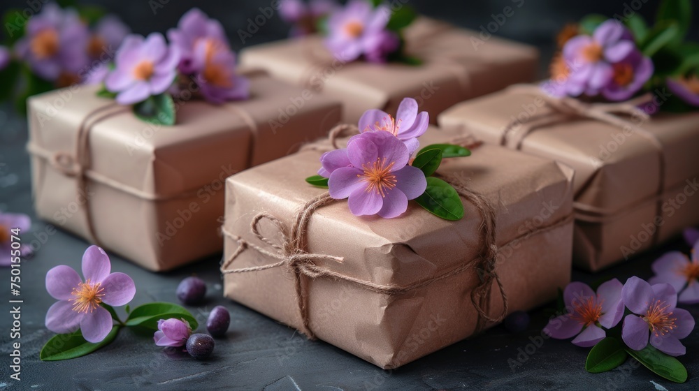 a close up of three wrapped presents with purple flowers on the top of the boxes and on the bottom of the boxes. a close up of three wrapped presents with purple flowers on the top of the boxes and on the bottom of the boxes.