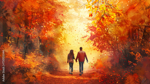 Delighted pair walking hand in hand through a colorful autumn forest    © AlphaStock