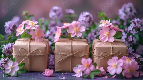 a close up of three wrapped presents with flowers in the background and one wrapped in brown paper and the other wrapped in pink and white paper. photo