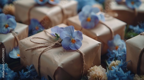a group of wrapped presents sitting on top of a pile of blue and white flowers on top of a bed of blue and white flowers. photo