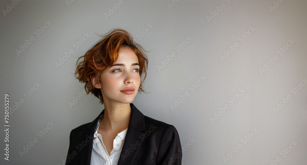 20s white business woman looking away, red headed with short hair, female wearing a black suit on white background 20s white business woman looking away, red headed with short hair, female wearing a black suit on white background