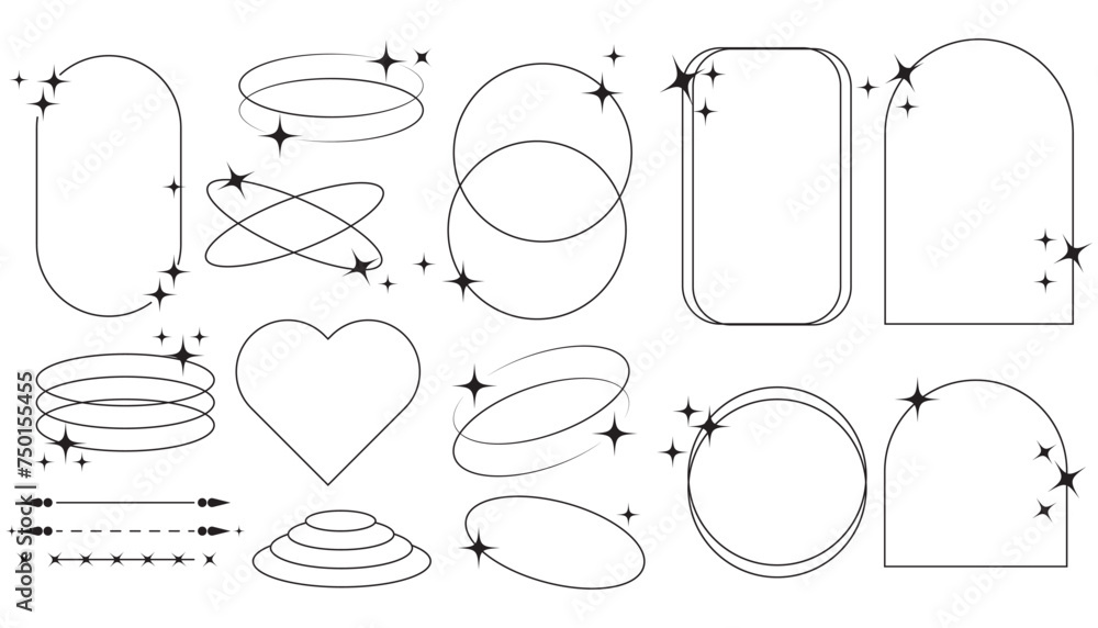 Fototapeta premium Set of Modern minimalist aesthetic line elements, geometric, trendy linear frames with stars, geometric forms. Brutalism design with Y2K style. Geometric element design.