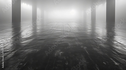 a black and white photo of the inside of a pier in the middle of a body of water on a foggy day.