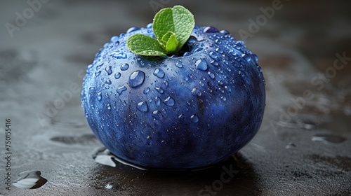 a close up of a blue apple with a green leaf on top of it and water droplets on the surface.