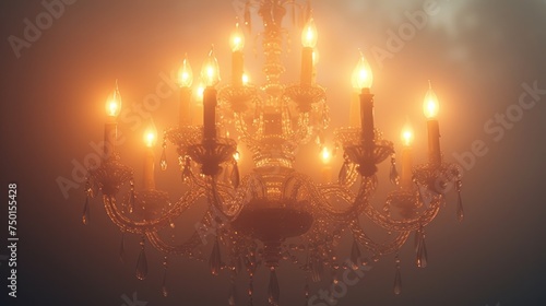 a chandelier in the middle of a foggy room with lots of candles on the chandelier. photo