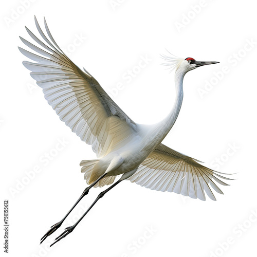 Crane bird Flying in the air with open wingspan on white or transparent background