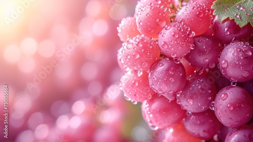 a close up of a bunch of grapes with drops of water on the leaves and the sun in the background.