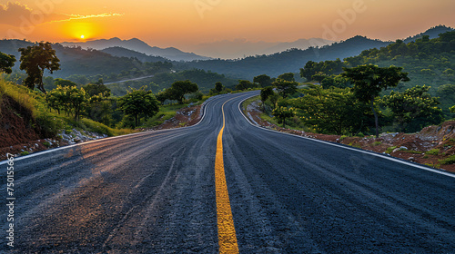 beautiful sun rising sky with asphalt highways road in rural scene use land transport and traveling background,backdrop