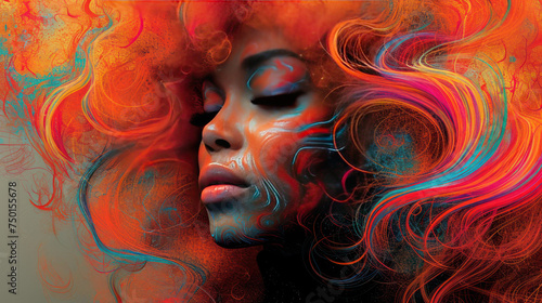 An abstract illustration of a sensual young black woman and energetic multicolored waves around her © Ivana
