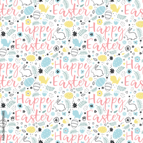 Easter background. Seamless pattern with Easter bunnies, eggs, flowers, hearts, leaves. Happy Easter Abstract design. Vector illustration on white photo