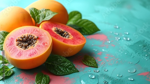 a couple of pieces of fruit sitting on top of a blue and pink surface with leaves on top of it.