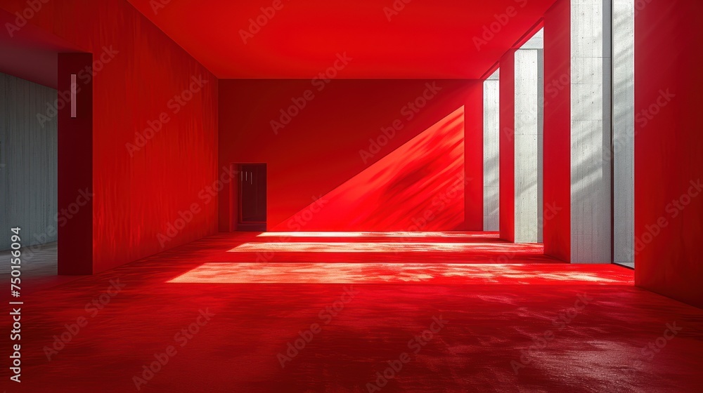 a long hallway with red walls and a red light coming in from the side of the room on the far wall.