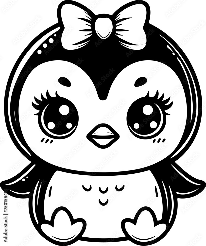 Fototapeta premium Cute baby penguin black outline cartoon vector illustration. Coloring book for kids.