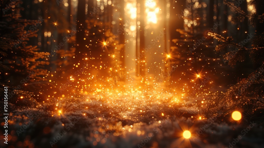 the sun shines brightly through the trees in a dark forest with snow on the ground and snow flakes on the ground. the sun shines brightly through the trees in a dark forest with snow on the ground and snow flakes on the ground.