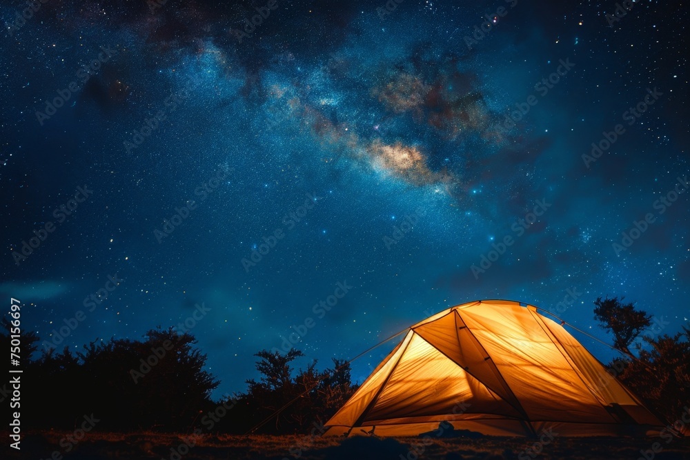 A tent is set up in a field with a beautiful night sky above it