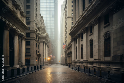Wall Street in the Financial District of Lower Manhattan in New York City. NYC's Financial District. American financial industry. Wall Street, stock exchange NYSE, financial markets. US capitalism © MaxSafaniuk