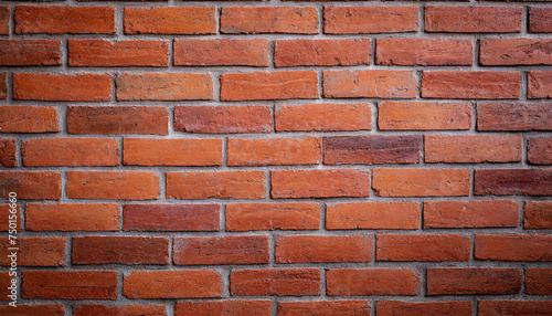 Close up view of a red brick wall. Texture of old dark brown and red brick wall panoramic background. Minimal pattern background concept. Trendy brick wall background idea. Copy space.