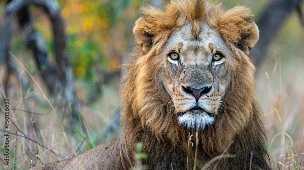 Portrait of a beautiful lion on a blurred nature background