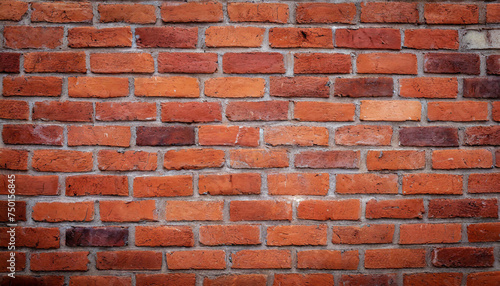 Close up view of a red brick wall. Texture of old dark brown and red brick wall panoramic background. Minimal pattern background concept. Trendy brick wall background idea. Copy space.