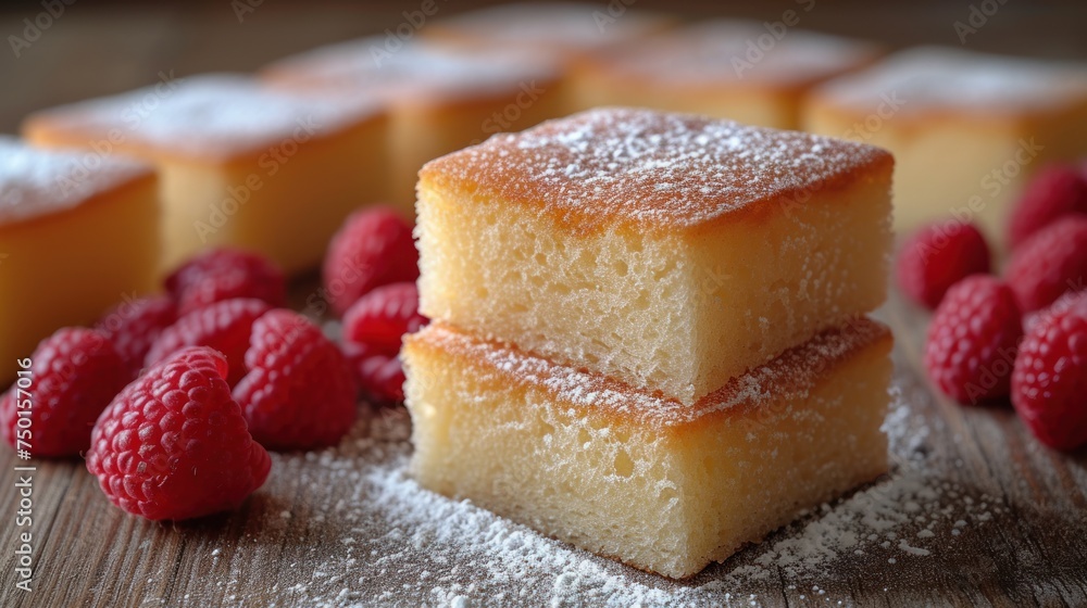 a close up of three pieces of cake on a table with raspberries and powdered sugar on the top of the cake and on the bottom of the cake. a close up of three pieces of cake on a table with raspberries and powdered sugar on the top of the cake and on the bottom of the cake.