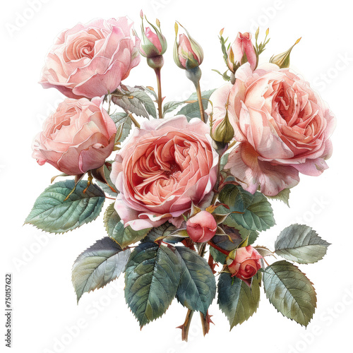 watercolor painting of a bouquet of vintage roses. Isolated transparent backg...