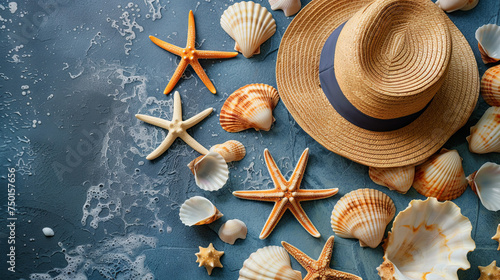 Beach hat and starfish on a blue isolated background, seen from a top view