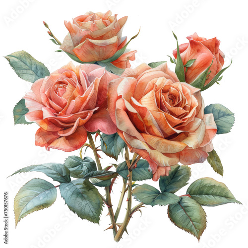 watercolor painting of a bouquet of vintage roses. Isolated transparent backg...