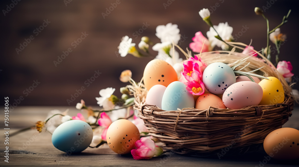 Colorful Easter eggs in a basket with flowers on wooden background. Greeting card on an Easter theme. Happy Easter concept. Colorful Easter eggs in a basket with flowers on wooden background. Greeting card on an Easter theme. Happy Easter concept.