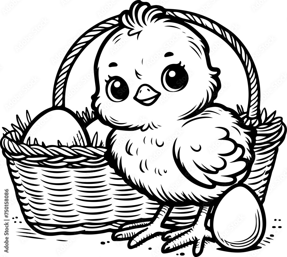 Obraz premium Cute baby chicken black outline vector illustration. Coloring book for kids.