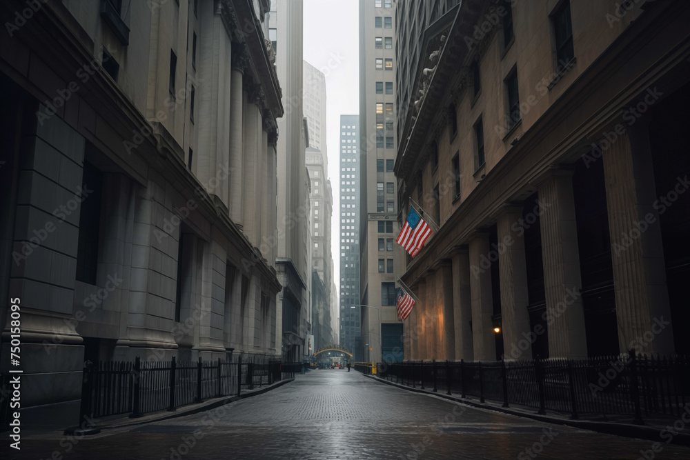 Wall Street in the Financial District of Lower Manhattan in New York City. NYC's Financial District. American financial industry. Wall Street, stock exchange NYSE, financial markets. US capitalism - obrazy, fototapety, plakaty 