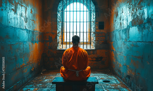 Incarcerated person in orange jumpsuit sitting alone in a bleak prison cell, gazing out of the barred window, evoking themes of confinement and introspection