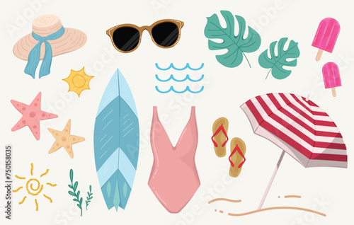 Summer vector element set. Summer beach elements are isolated in a white background. Vector illustration summer collection. 