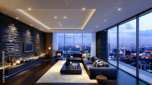 Elegant Modern Living Room: Luxurious Interior Design with Sophisticated Decor, Comfortable Furniture, and Sunlit Windows