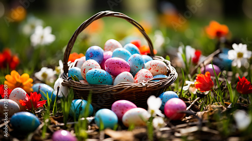 Easter basket with spring flowers and easter eggs on green grass. Greeting card on an Easter theme. Happy Easter concept. © milicenta