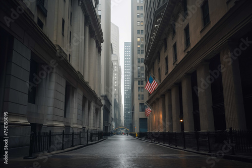 Wall Street in the Financial District of Lower Manhattan in New York City. NYC's Financial District. American financial industry. Wall Street, stock exchange NYSE, financial markets. US capitalism