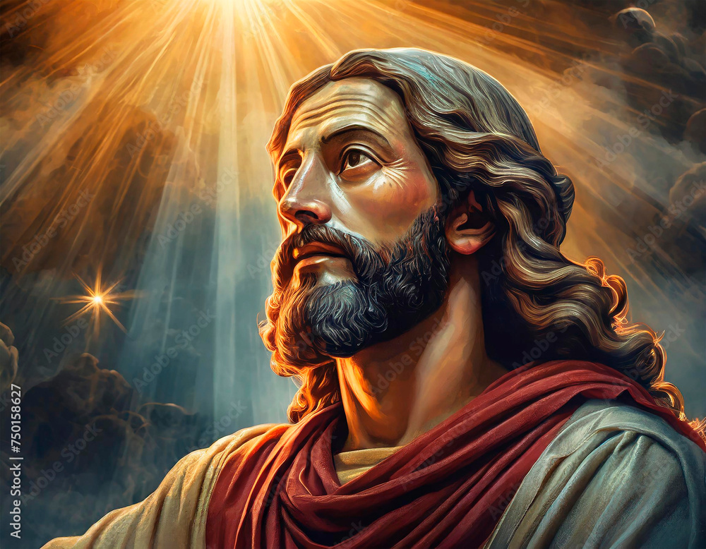 Illustration of the image of Jesus Christ with a gaze of mercy in a celestial setting of Holy Week