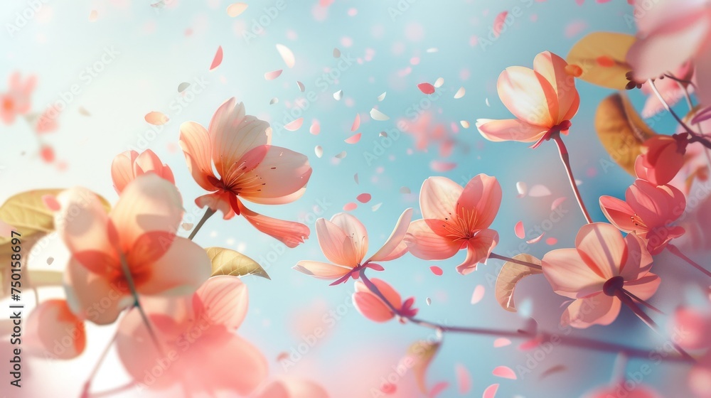 Ethereal pink flowers on a serene blue backdrop with floating petals. Dreamlike floral scene with pink blossoms and petal rain. Soft-focus flowers in bloom with pastel shades and gentle petal fall.