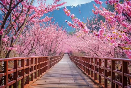 A wooden bridge spans a path through a field of pink cherry blossoms