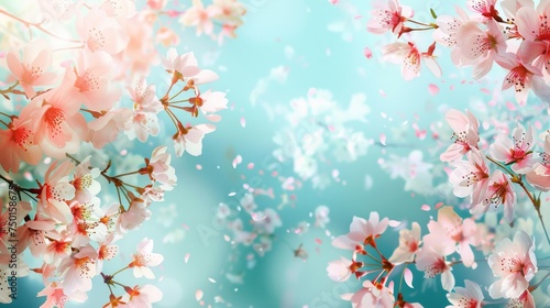 Delicate cherry blossoms with petals falling on turquoise background. Soft floral backdrop with space for text. Springtime concept with cherry blossom branches. © Irina.Pl