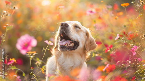 A dog sits on a beautiful flower field and sneezes while sniffing flowers, on the blurred colored background. The concept of allergy to pollen, animals, pets, dogs and cats, seasonal allergies.