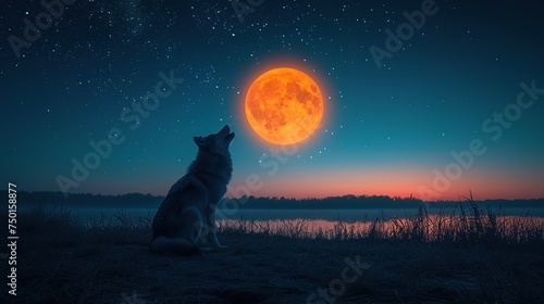 Silhouette of a wolf howling at the moon at night 