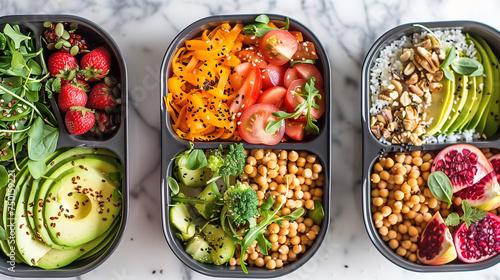 takeout boxes with healthy plant based vegan foods for office dinner