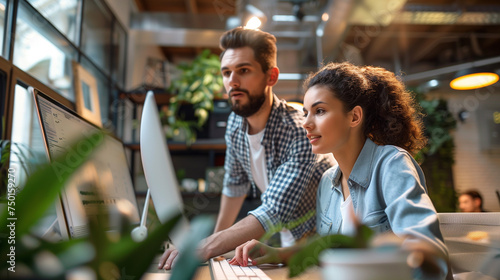 A male and a female co-worker working togerher and looking to the screen photo