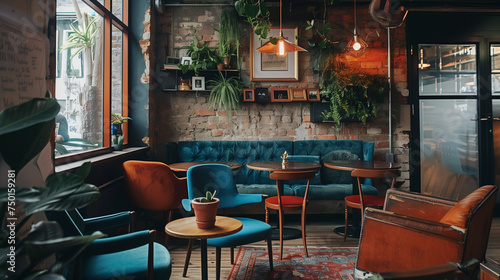 interior of a restaurant bistro with classic elegant but cozy brick wall and blue sofa warm light
